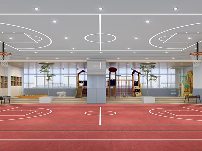 Basketball Gym Interior Design With Red Floor Ceiling Lights Basketball Hoops And Large Windows 3d model