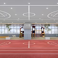 Basketball Gym Interior Design With Red Floor Ceiling Lights Basketball Hoops And Large Windows