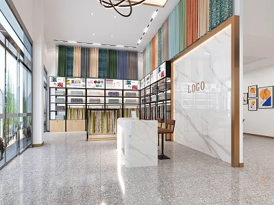 Modern Fabric Curtain Specialty Store With Marble Counter Shelves And Bright Interior 3d model