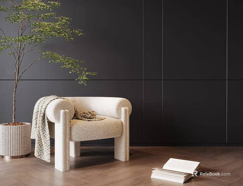 Cozy Beige Accent Chair With Soft Blanket Potted Plant And Books On Wooden Floor 3d model 