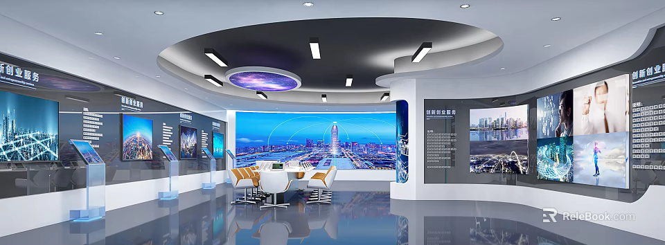 Modern Exhibition Hall With Large Screen City View Display Walls And Ceiling Lighting 3d model 
