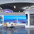 Modern Exhibition Hall With Large Screen City View Display Walls And Ceiling Lighting