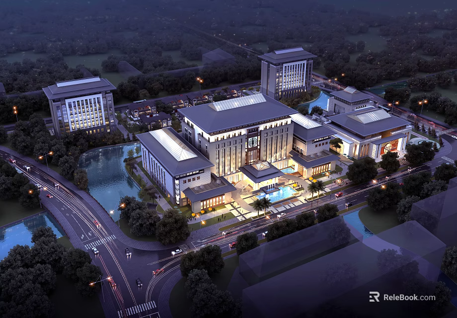 Elegant Hotel Building with Modern Traditional Architecture Surrounded by Trees Water Features and Evening Lights 3d model 