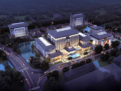Elegant Hotel Building with Modern Traditional Architecture Surrounded by Trees Water Features and Evening Lights 3d model