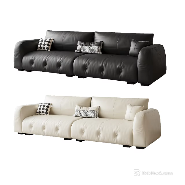 Modern Tufted Leather Sectional Sofas in Black and White with Decorative Pillows 3d model