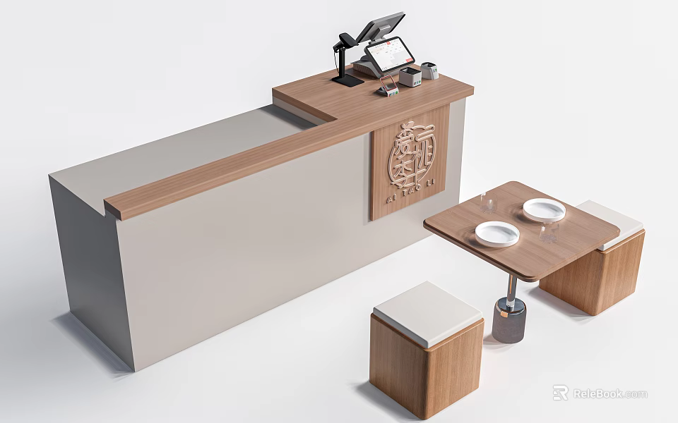 Modern Wooden Reception Desk With Gray Panel POS Machine Small Table and Stools 3d model