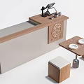Modern Wooden Reception Desk With Gray Panel POS Machine Small Table and Stools 3d model