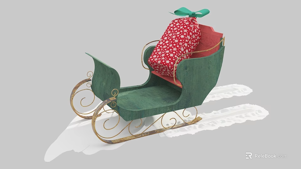 Green Sleigh With Red Polka Dot Cushion Green Bow And Golden Runners On Snow Tracks 3d model 