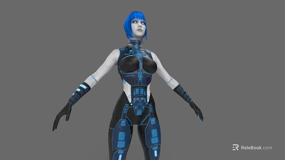 Woman With Blue Hair In Futuristic Cybernetic Outfit With Mechanical Details Against Gray Background 3d model 