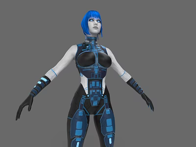 Woman With Blue Hair In Futuristic Cybernetic Outfit With Mechanical Details Against Gray Background 3d model