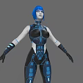 Woman With Blue Hair In Futuristic Cybernetic Outfit With Mechanical Details Against Gray Background