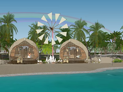 Beachfront Dome Shaped Bungalows With Windmill Palm Trees And Rainbow View 3d model