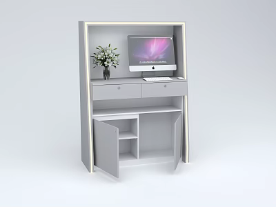 Display Cabinet Shelf with Computer Monitor Flower Pot Drawers and Open Storage Cabinets 3d model