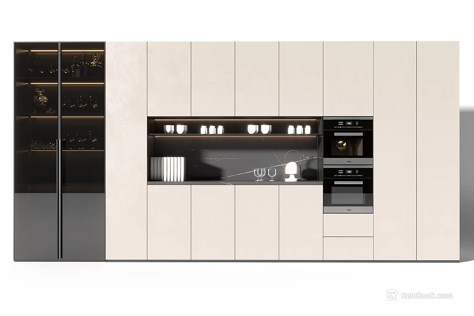 Modern Wine Cabinet Design With Beige Kitchen Cabinetry Oven Appliance And Glassware On Shelf 3d model 