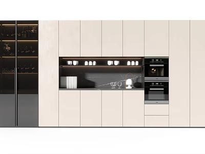 Modern Wine Cabinet Design With Beige Kitchen Cabinetry Oven Appliance And Glassware On Shelf 3d model