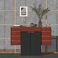 Orange Sideboard with Drawers Featuring Vase Plants Gray Wall Gold Lines and Wall Art