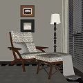 Comfortable Lounge Chair With Patterned Gray Cushions Wooden Armrests Floor Lamp And Window Blinds