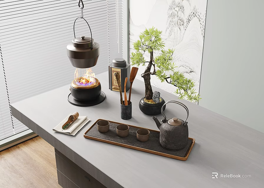 Traditional Chinese Tea Set With Teapot Teacups Tea Stove And Small Potted Plant On Wooden Tray 3d model 
