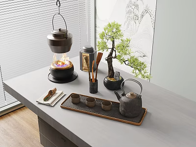 Traditional Chinese Tea Set With Teapot Teacups Tea Stove And Small Potted Plant On Wooden Tray 3d model