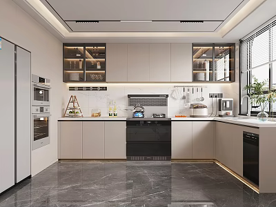 Modern Kitchen Interior With White Cabinets Black Appliances Marble Flooring And Windows 3d model