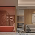 Modern Hotel Guest Room with Textured Wall King Bed Large Windows Marble Dresser Patterned Carpet