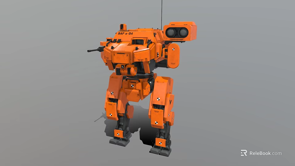 Orange Mechanical Robot Character With Detailed Leg Structure And Weapon System 3d model