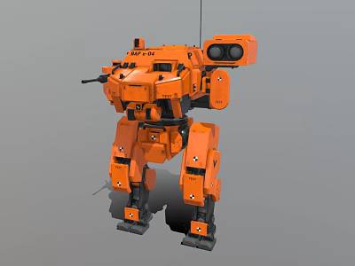 Orange Mechanical Robot Character With Detailed Leg Structure And Weapon System 3d model