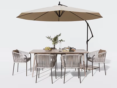 Outdoor Patio Table and Chair Set With Woven Chairs Wooden Table and Umbrella 3d model
