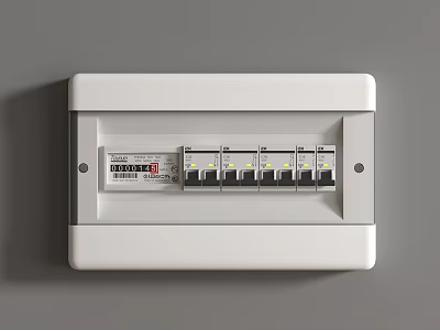 White Electrical Distribution Board With Multiple Switches And Clear Label 3d model