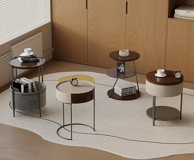 Stylish Modern Side Tables With Wooden Tops Metal Frames And Decorative Items For Living Room 3d model