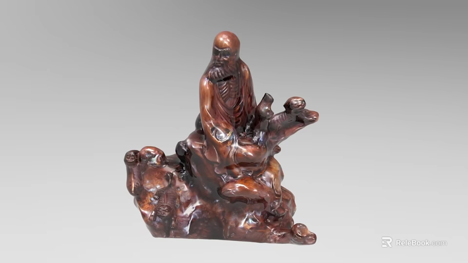 Traditional Wooden Sculpture Carving of Elderly Figure in Sitting Posture with Rocky Base 3d model 