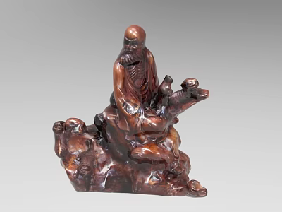 Traditional Wooden Sculpture Carving of Elderly Figure in Sitting Posture with Rocky Base 3d model