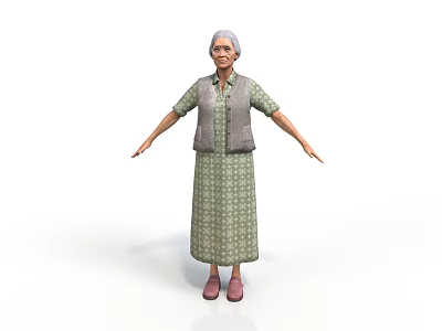 Elderly Woman with Gray Hair Wearing Green Patterned Dress Gray Vest Pink Shoes Arms Outstretched 3d model