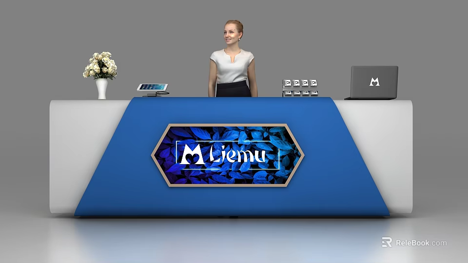 Blue Modern Reception Desk With Laptop Phone Flower Arrangement And Receptionist 3d model 