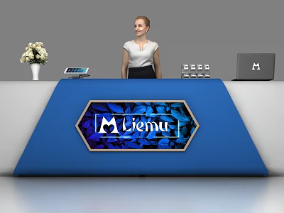 Blue Modern Reception Desk With Laptop Phone Flower Arrangement And Receptionist 3d model