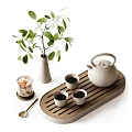 Elegant Tea Set with Teapot Cups on Wooden Tray and Green Plant in Vase