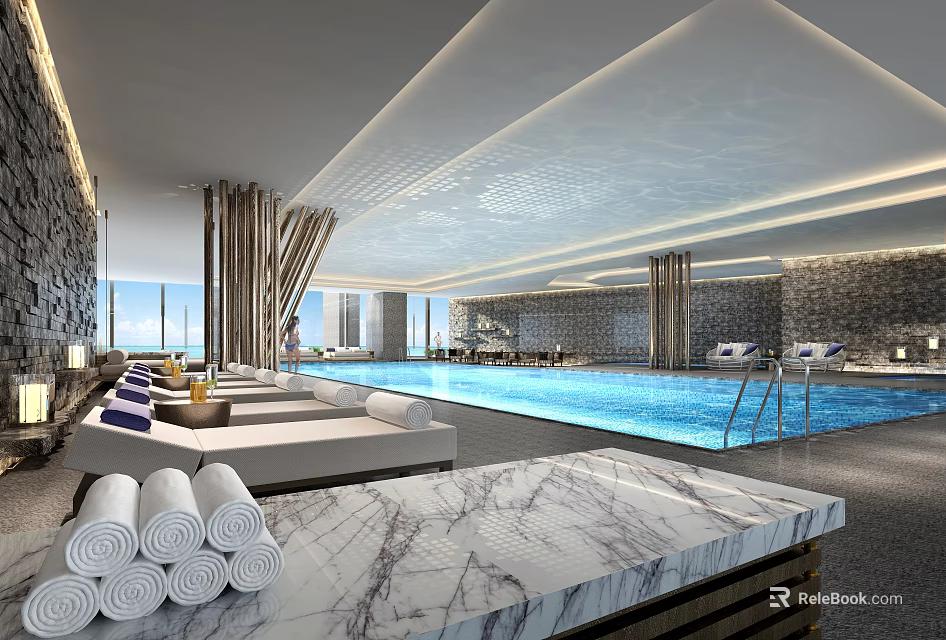 Modern Luxury Swimming Pool Interior With Relaxation Loungers Marble Countertops And Ambient Lighting 3d model 