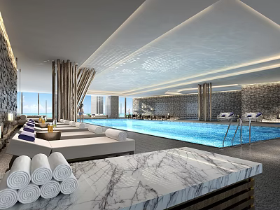 Modern Luxury Swimming Pool Interior With Relaxation Loungers Marble Countertops And Ambient Lighting 3d model