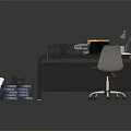 Cluttered Office Desk With Laptop Printer Document Stacks Scattered Papers Desk Lamp And Chair
