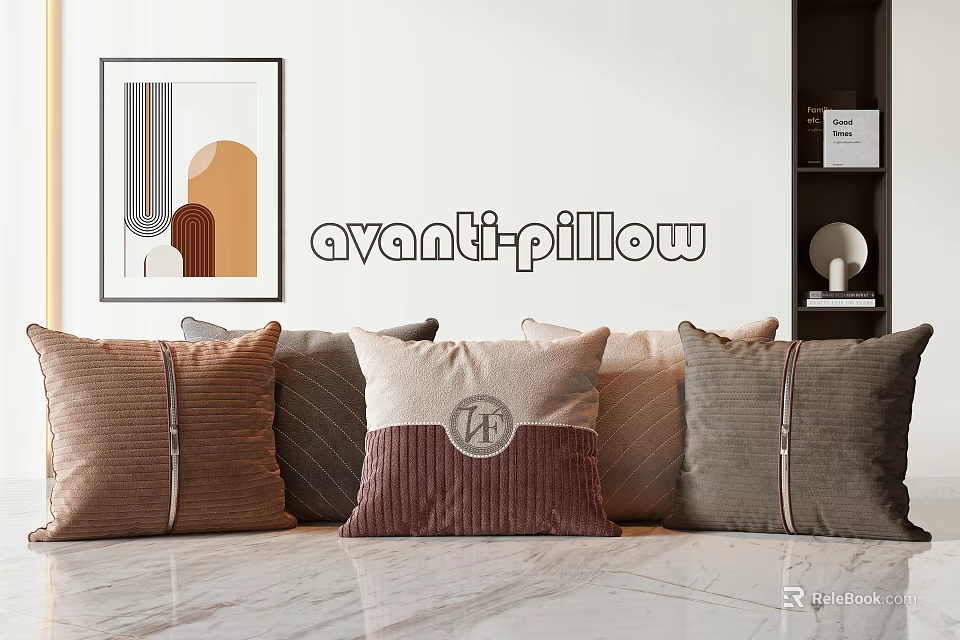 Elegant Avanti Velvet Pillows Brown Gray Beige With Logo And Stitching For Home Decor 3d model 