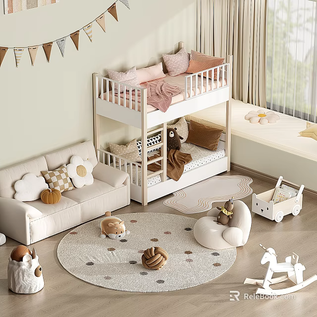 Kids Room Interior With Bunk Bed Pink Brown Pillows Cozy Sofa Round Rug And Toys 3d model 