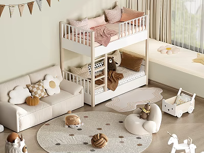 Kids Room Interior With Bunk Bed Pink Brown Pillows Cozy Sofa Round Rug And Toys 3d model