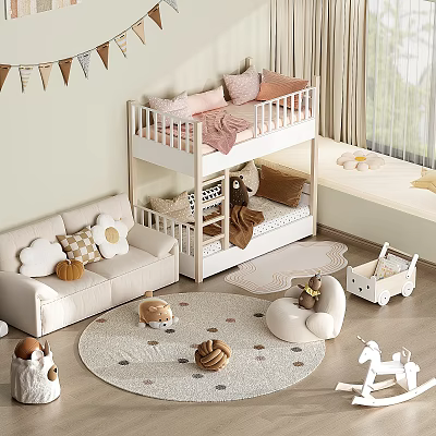 Kids Room Interior With Bunk Bed Pink Brown Pillows Cozy Sofa Round Rug And Toys 3d model