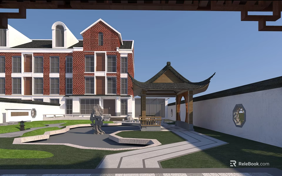 Traditional Chinese Garden Landscape with Red Brick Building Chinese Pavilion Stone Pathway Sculpture and Lawn 3d model 