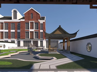 Traditional Chinese Garden Landscape with Red Brick Building Chinese Pavilion Stone Pathway Sculpture and Lawn 3d model