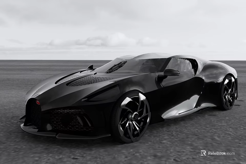 Black Bugatti Sports Car Parked On Open Road With Sky And Clouds 3d model 