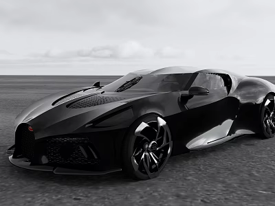Black Bugatti Sports Car Parked On Open Road With Sky And Clouds 3d model
