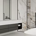 Modern Bathroom Interior With White Bathtub Double Sink And Glass Shower