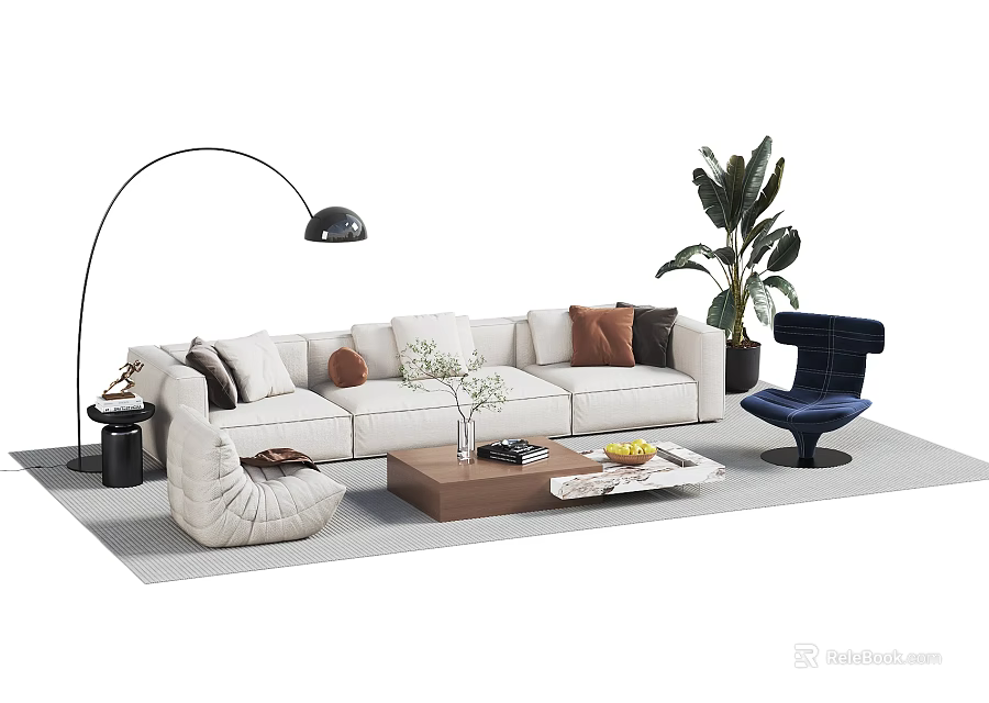 Cozy Beige Sofa and Coffee Table Set with Cushions Floor Lamp and Green Plant 3d model 