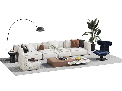 Cozy Beige Sofa and Coffee Table Set with Cushions Floor Lamp and Green Plant 3d model